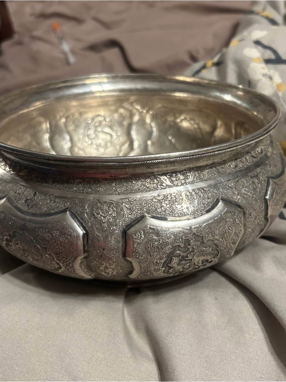 Ornate Galamzani Persian Silver Bowl